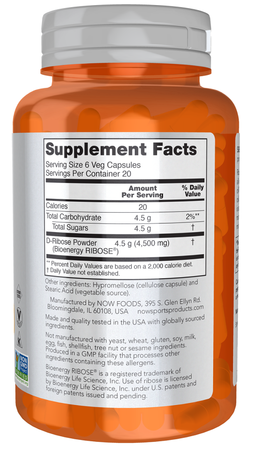 NOW Foods - D-Ribose, 750 mg, 120 vegetabiliska kapslar - Bild 2