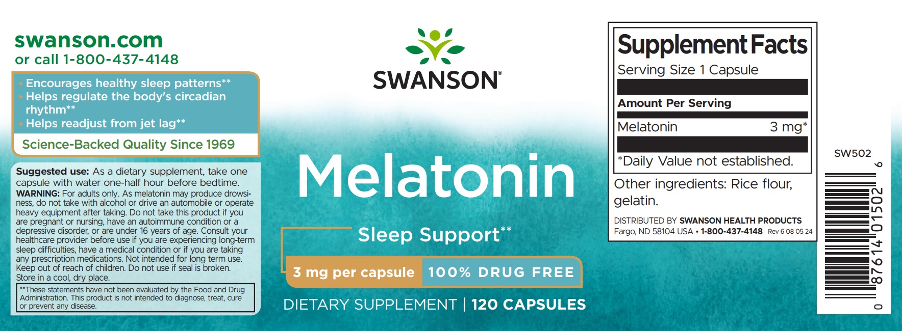 Swanson - Melatonin, 3 mg - 120 kapslar